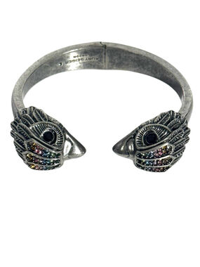 Kurt Geiger Rainbow Rhinestone Silver 2 Eagle Heads Hinged Cuff Bracelet Unisex